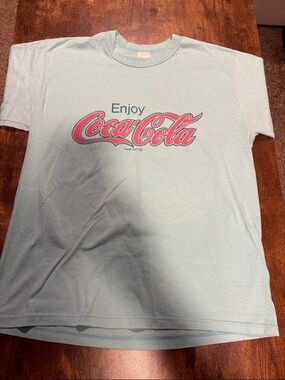 Vintage Coca-Cola Logo Tee in Pale Blue with Red Script size large